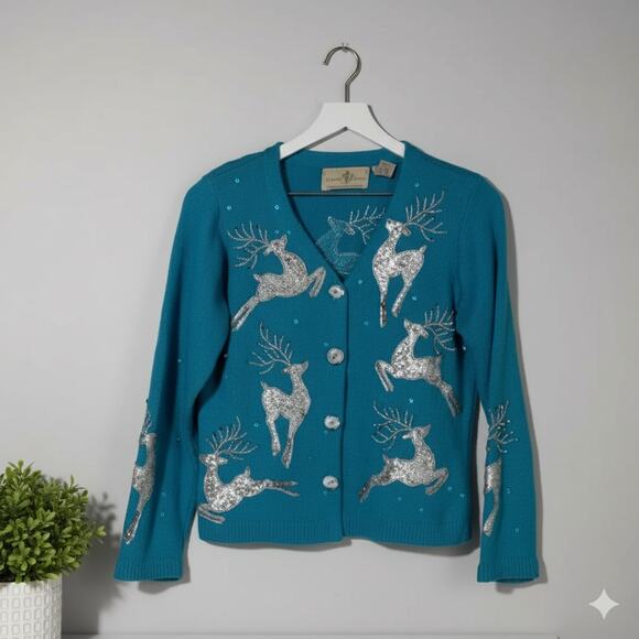 Susan Bristol Holiday Cardigan Vintage Reindeer Embellished Sweater Small - Picture 1 of 10